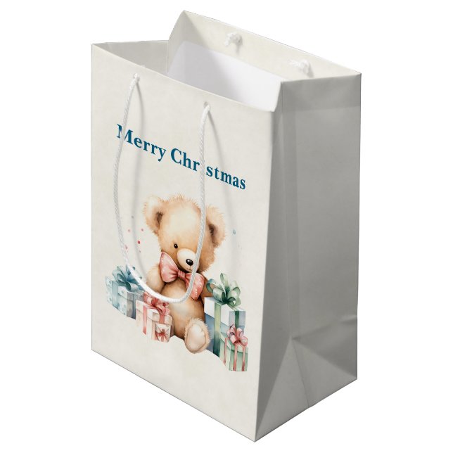 Niedlicher Teddybär mit Weihnachtsgeschenken Mittlere Geschenktüte (Vorderseite Schrägansicht)