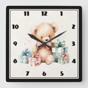 Niedlicher Teddybär mit Weihnachtsgeschenken Quadratische Wanduhr