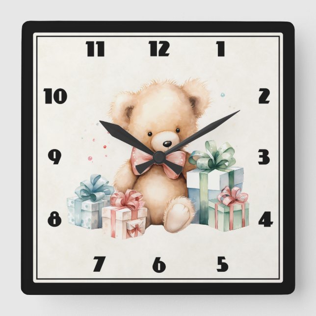 Niedlicher Teddybär mit Weihnachtsgeschenken Quadratische Wanduhr (Vorderseite)