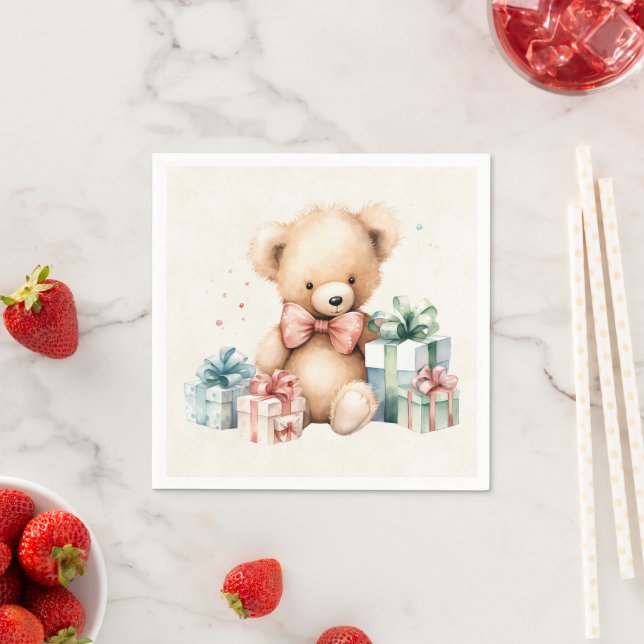 Niedlicher Teddybär mit Weihnachtsgeschenken Serviette (Beispiel)