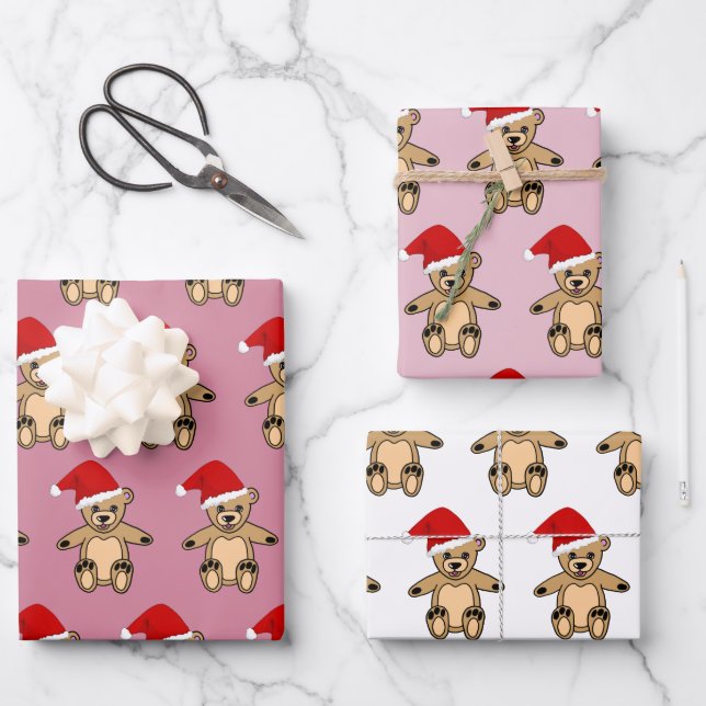 Niedlicher Teddybär mit Weihnachtsmannmütze Rosa W Geschenkpapier Set (Vorderseite)
