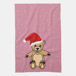 Niedlicher Teddybär mit Weihnachtsmannmütze Rosa W Geschirrtuch