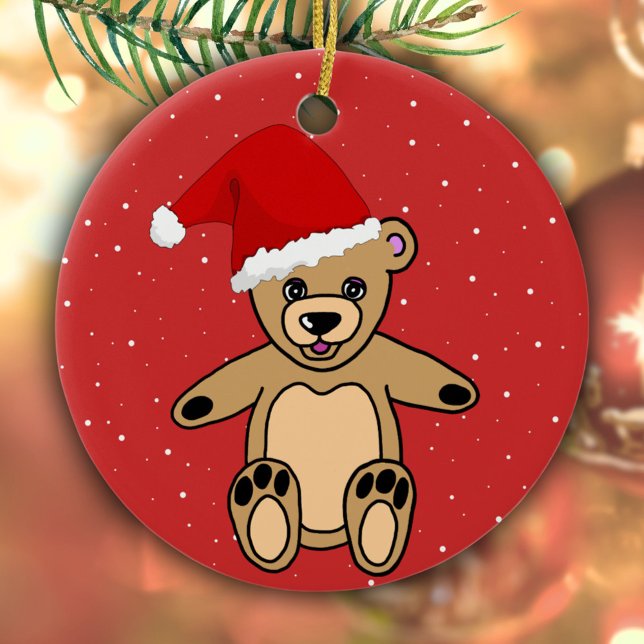 Niedlicher Teddybär mit Weihnachtsmannmütze Rote K Keramik Ornament (Von Creator hochgeladen)