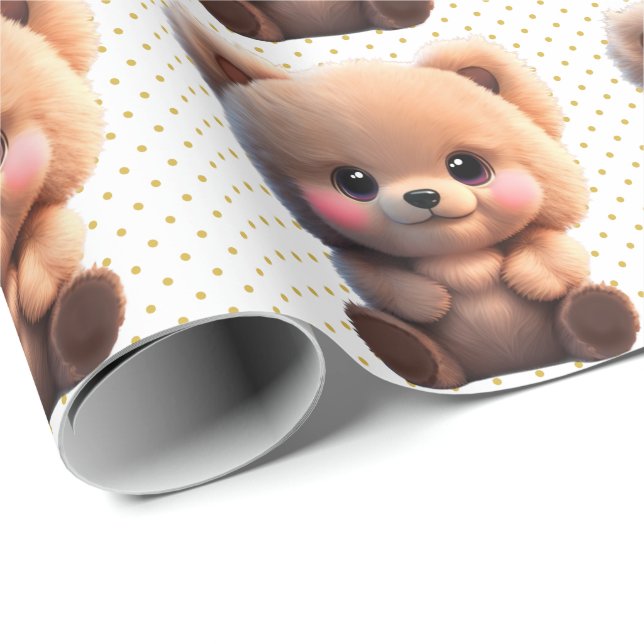 Niedlicher Teddybär Polka Golddots Geschenkpapier (Rolleneckpunkt)