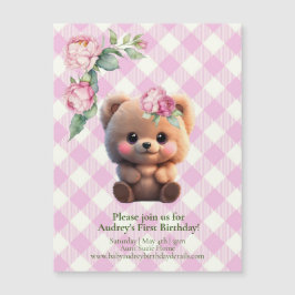 Niedlicher Teddybär Rosa Gingham Blütendusche Magnetkarte