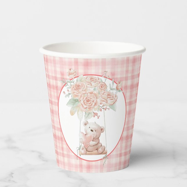 Niedlicher Teddybär Rosa Kariert Pappbecher (Vorderseite)