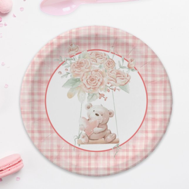 Niedlicher Teddybär Rosa Karierte Papierplatte Pappteller (An adorable teddy bear and pink floral design that is perfect for a little girl's birthday party.)