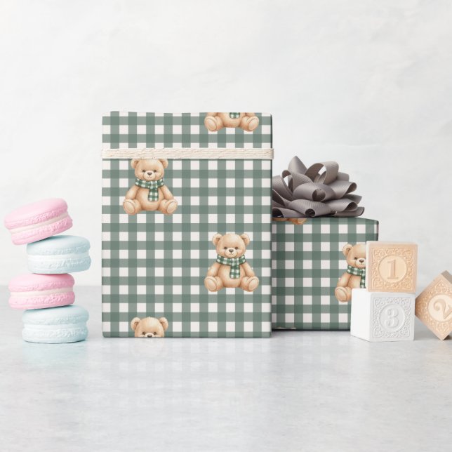 Niedlicher Teddybär Rustikal Grün Kariert Geschenkpapier (Babyparty)