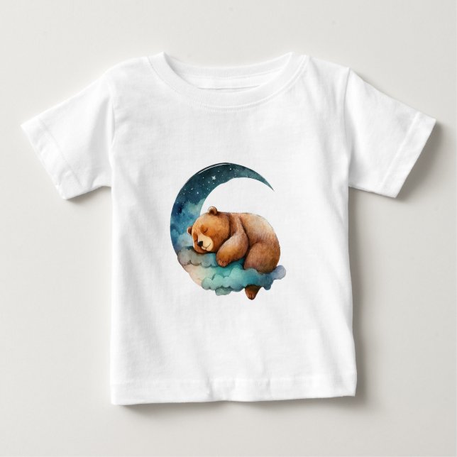 Niedlicher Teddybär Schlafen auf dem Crescent Mond Baby T-shirt (Vorderseite)