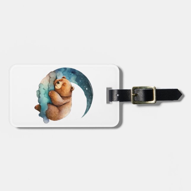 Niedlicher Teddybär Schlafen auf dem Crescent Mond Gepäckanhänger (Vorderseite horizontal)