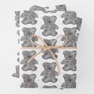 Niedlicher Teddybär Schwarz/Weiß Geschenkpapier Set