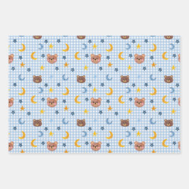 Niedlicher Teddybär und Mondmuster auf blau Geschenkpapier Set