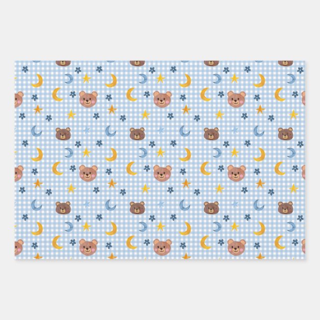 Niedlicher Teddybär und Mondmuster auf blau Geschenkpapier Set (Vorderseite)