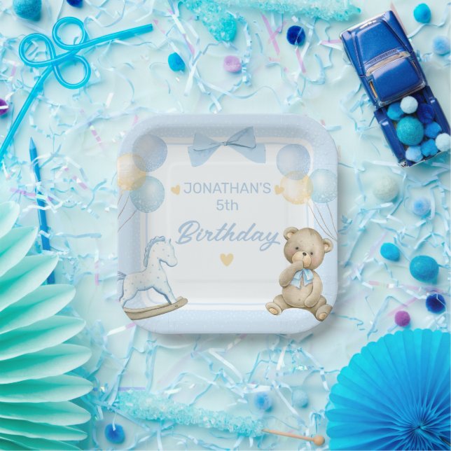 Niedlicher Teddybär und Rockpferd Pappteller (Party)