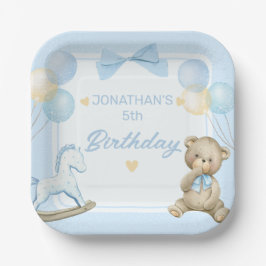 Niedlicher Teddybär und Rockpferd Pappteller