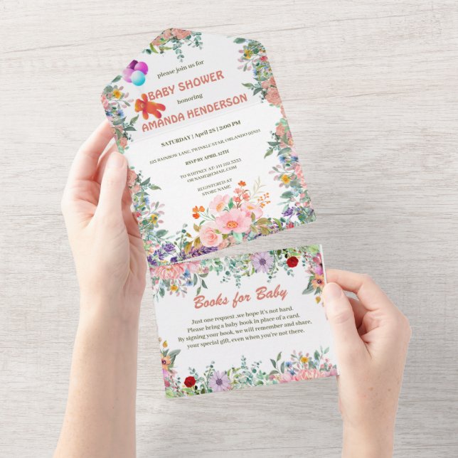 Niedlicher Teddybär w. Ballon Blütenbaby-Dusche All In One Einladung (Abreißen)