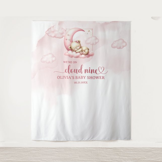 Niedlicher Teddybär Wolke neun pinkfarbene Mädchen Wandteppich (Vorderseite)