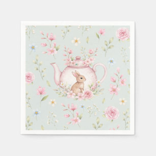 Niedlicher Teekanne-Hasenaufdruck mit rosa Blumen  Serviette