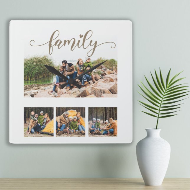 Niedlicher Text für  Skripte mit vier Familienfoto Quadratische Wanduhr (White custom 4-photo "Family" wall clock)