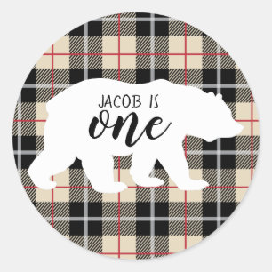 Niedlicher Thompson Camel Karierter Bär 1. Geburts Runder Aufkleber