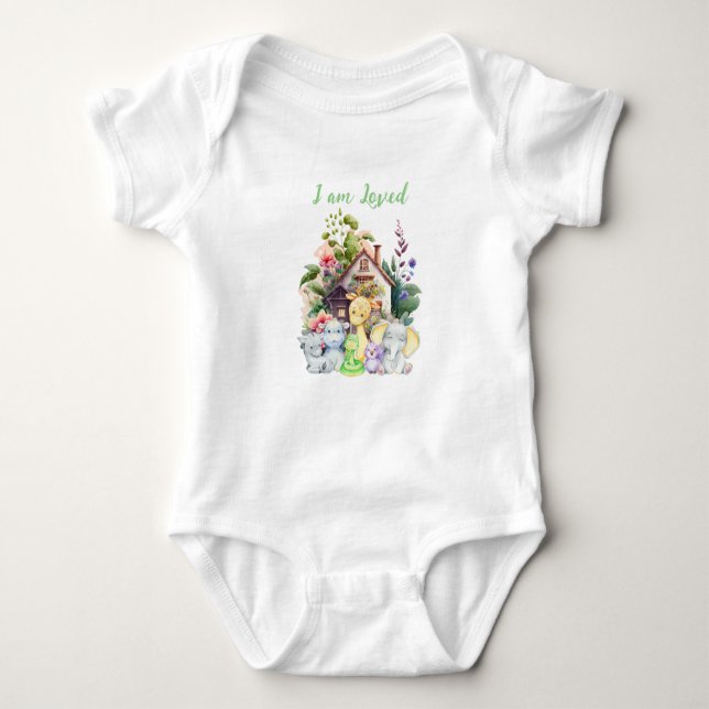 Niedlicher Tiere Baby Bodysuit | Ich bin geliebt Baby Strampler (Vorderseite)