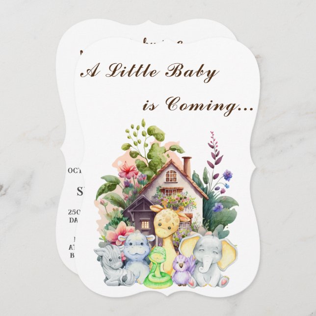 Niedlicher Tiere Kinderdusche Einladung | Brown (Vorne/Hinten)