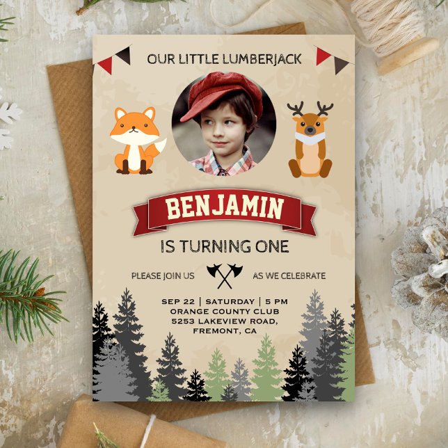 Niedlicher Tiere Lumberjack Geburtstagsparty Einla Einladung (Von Creator hochgeladen)