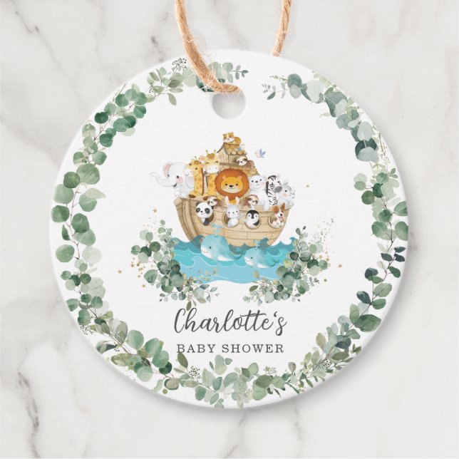Niedlicher Tiere Noah's Ark Greenery Geburtstag Ba Geschenkanhänger (Vorderseite)