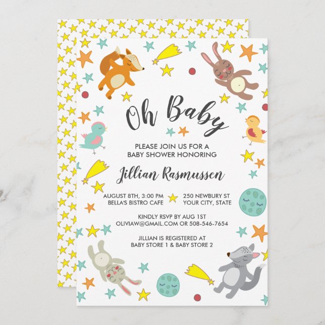 Niedlicher Tiere Star and Moon Kinderdusche Einlad Einladung (Vorne/Hinten)