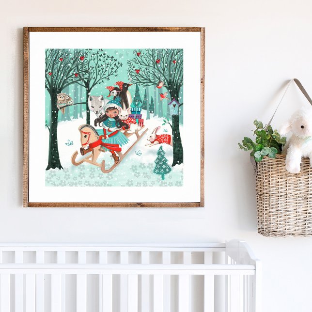 Niedlicher Tiere Winter Wonder Waldmädchen Poster (Cute Animals Winter Wonder Woodland Forest Girls Poster)