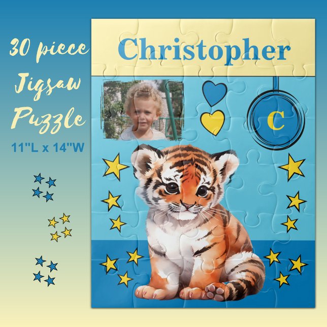 Niedlicher Tiger Foto Name Blau-Gelbe Kinder Puzzle (Von Creator hochgeladen)