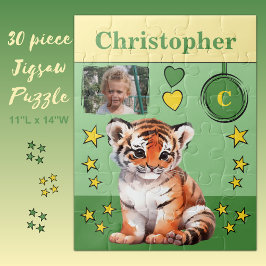 Niedlicher Tiger Foto Name Grün-Gelb-Kinder Puzzle