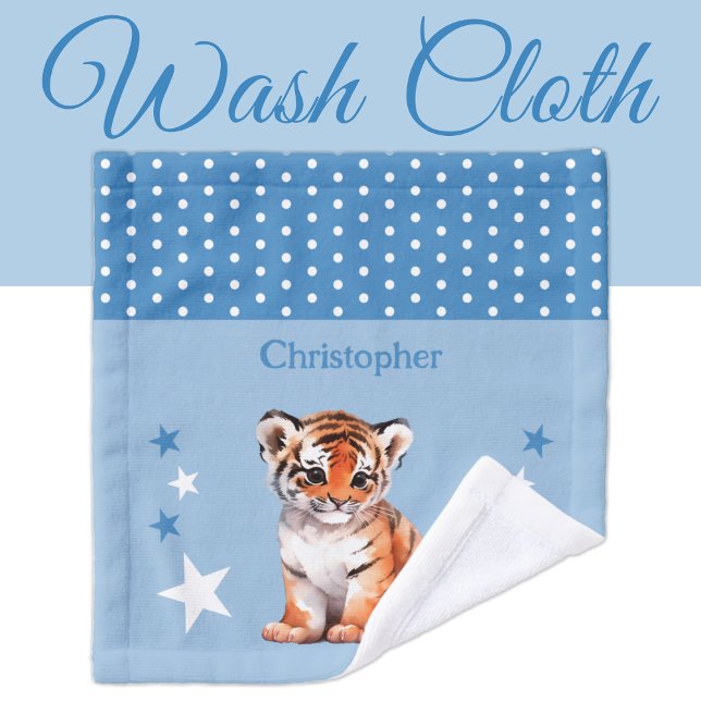 Niedlicher Tiger gibt Namen polka dots stars blau Waschlappen (Von Creator hochgeladen)