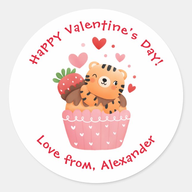 Niedlicher Tiger in Cupcake Custom Kids Valentinst Runder Aufkleber (Vorderseite)