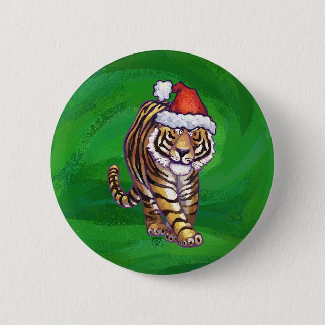 Niedlicher Tiger in der Weihnachtsmannmütze über g Button (Vorderseite)