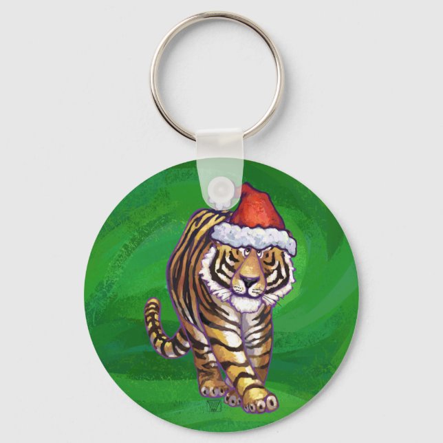 Niedlicher Tiger in der Weihnachtsmannmütze über g Schlüsselanhänger (Vorderseite)