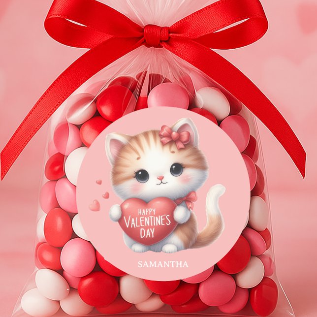 Niedlicher Tigerkatze Rotes Herz Frohes Valentinst Runder Aufkleber (Cute cat Valentine's Day sticker)