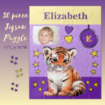 Niedlicher Tigername lila Gelbe Fotos Puzzle<br><div class="desc">30 Stück Puzzle für Kinder. Mit einem niedlichen Tiger,  mit Sternen und Lieben. Fügen Sie einen Namen,  ein Initial und ein Foto hinzu. Farbschema: lila und gelbe Geschenkidee für Kinder.</div>