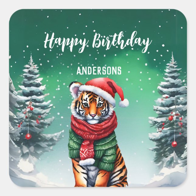 Niedlicher Tigerzoo Weihnachtsbaum Geburtstagsmädc Quadratischer Aufkleber (Vorderseite)