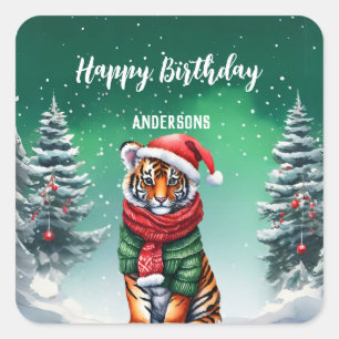 Niedlicher Tigerzoo Weihnachtsbaum Geburtstagsmädc Quadratischer Aufkleber