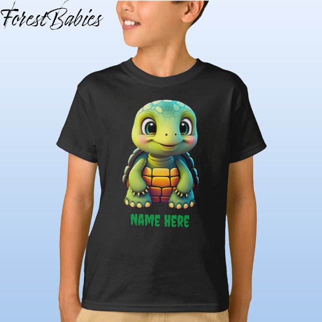 Niedlicher Tortoise Boy's Turtle Animal Cartoon Gr T-Shirt (Tortoise, Black Customizable ForestBabies T-shirt - Front)