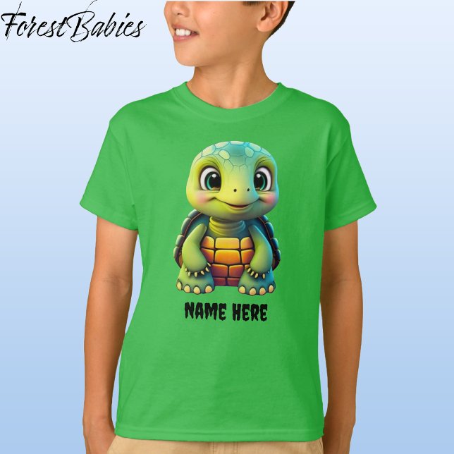 Niedlicher Tortoise Kid's Turtle Animal Cartoon Gr T-Shirt (Tortoise, Green Customizable ForestBabies T-shirt - Front)