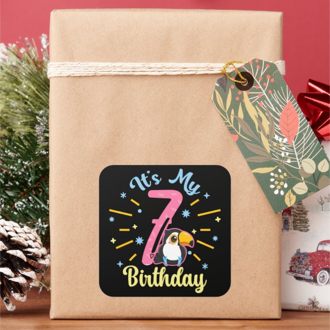 Niedlicher Toucan 7. Geburtstag 7. Geburtstag Quadratischer Aufkleber (Feiertag)