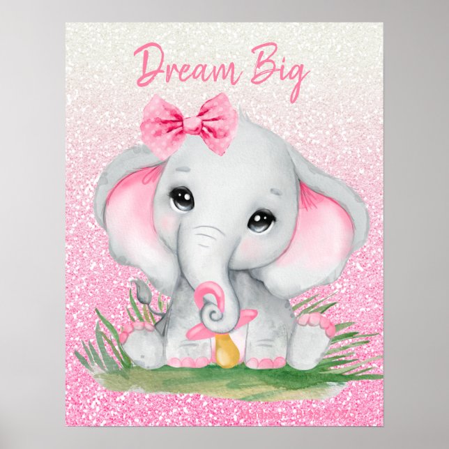 Niedlicher Traum Big Pink Glitzer Girl Elefant Poster (Vorne)