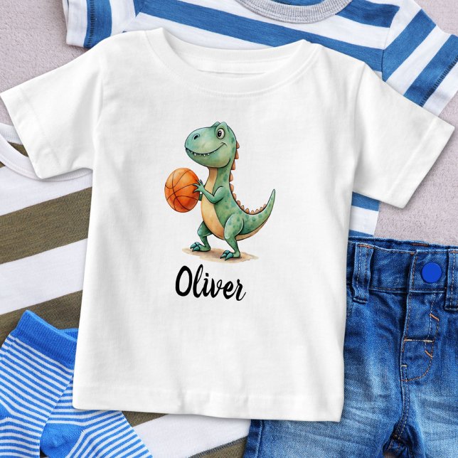 Niedlicher Trex Basketball Personalisiert Baby T-shirt (Von Creator hochgeladen)