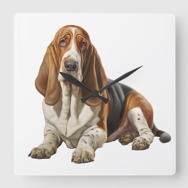 NIEDLICHER TRI-FARBIGER BASSET HUND QUADRATISCHE WANDUHR (Vorderseite)