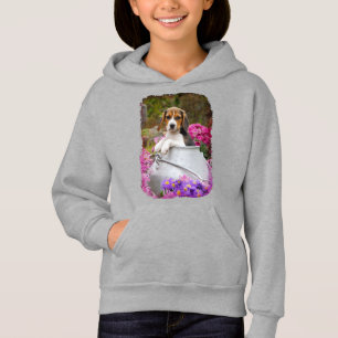Niedlicher Tricolor Beagle Hund Welpe in einer Mil Hoodie