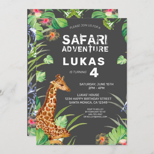 Niedlicher Tropischer Jungle Safari Giraffe Geburt Einladung (Vorne/Hinten)