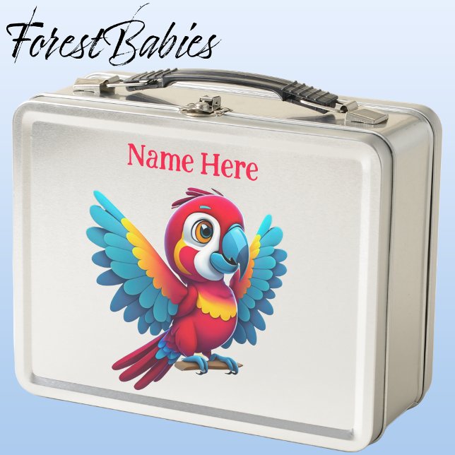Niedlicher tropischer Macaw Parrot Bird Cartoon Gr Metall Brotdose (Macaw Parrot, Silver ForestBabies Lunch Box)