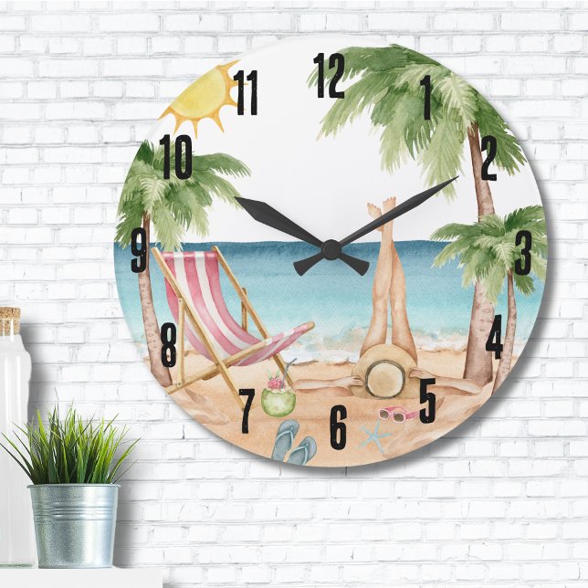 Niedlicher tropischer Strand Große Wanduhr (Cute Girly Tropical Watercolor Beach Large Clock)